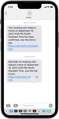 An external attendee joins a Virtual Appointment via a text message on her mobile device, where she sees an incoming message that her meeting organizer is running late before he joins the call.